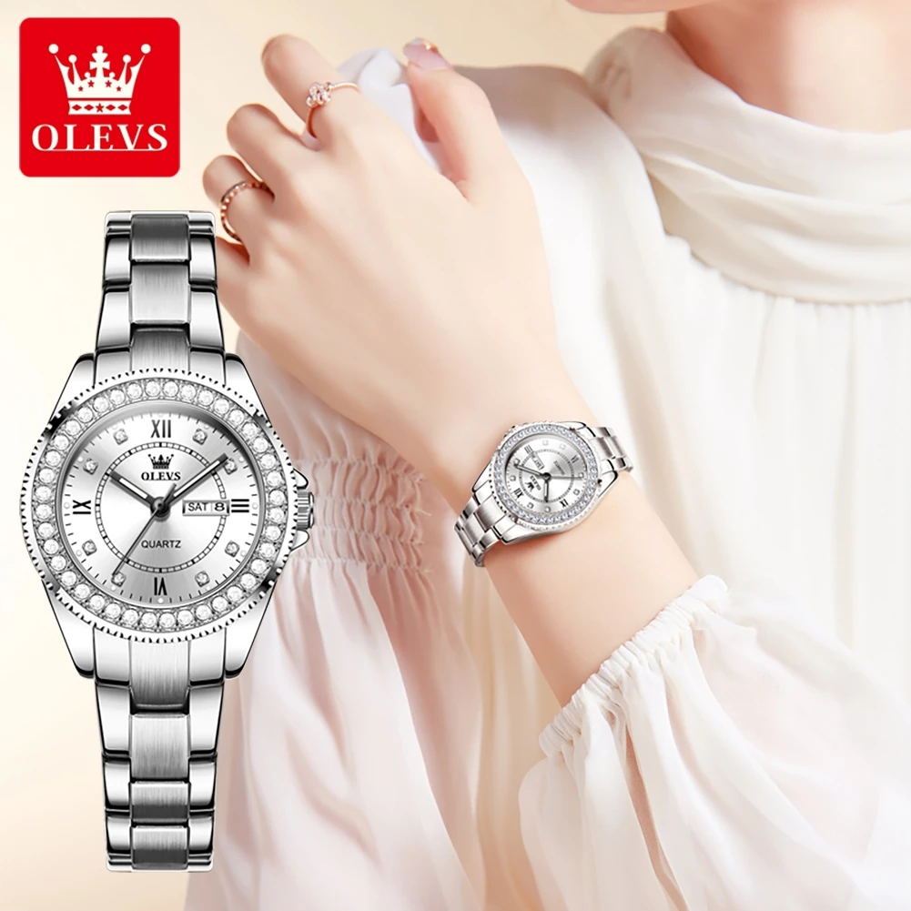 OLEVS 9993 Luxury Dual Calendar Watch For Women Original Waterproof Stainless Steel Woman Watches Roman Scale Quartz Wristwatch