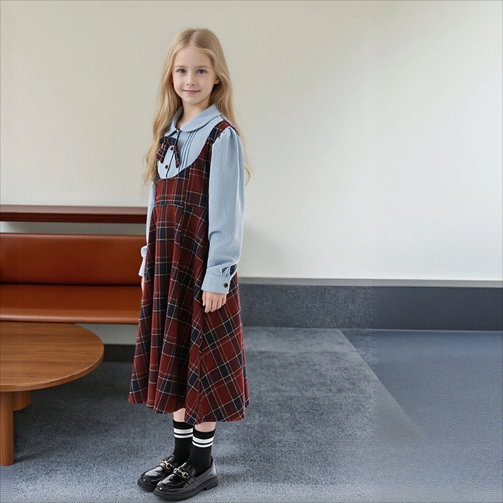 

Teens Girls Plaid Dress Fake Two Piece British School Style Princess Dress 2026 Spring Long Sleeve School Children Shirt Dress