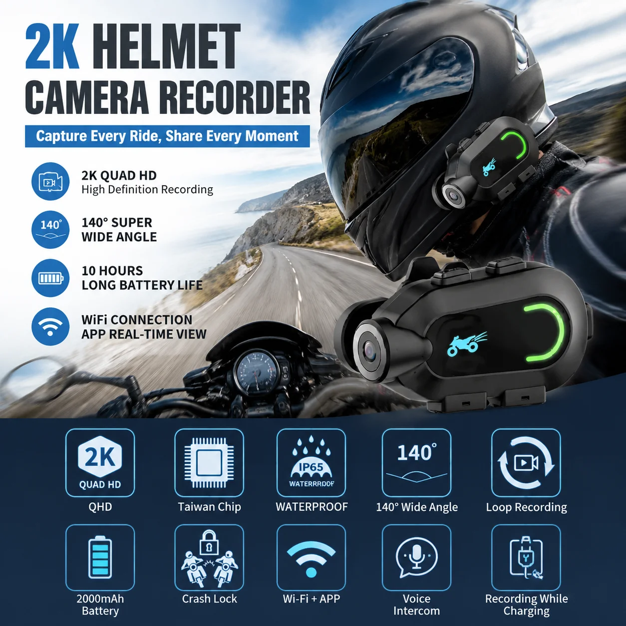 Motorcycle Helmet 2K Video Recorder DVR Motorcycle Dashcam, App View Download view 2