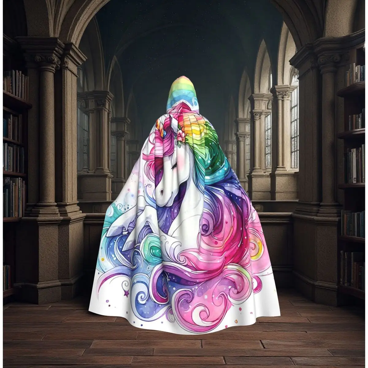 

Rainbow Pegasus Unicorn Long Hooded Cloak Witch Medieval Costume Cosplay Cape HalloweenParty Adult Unisex