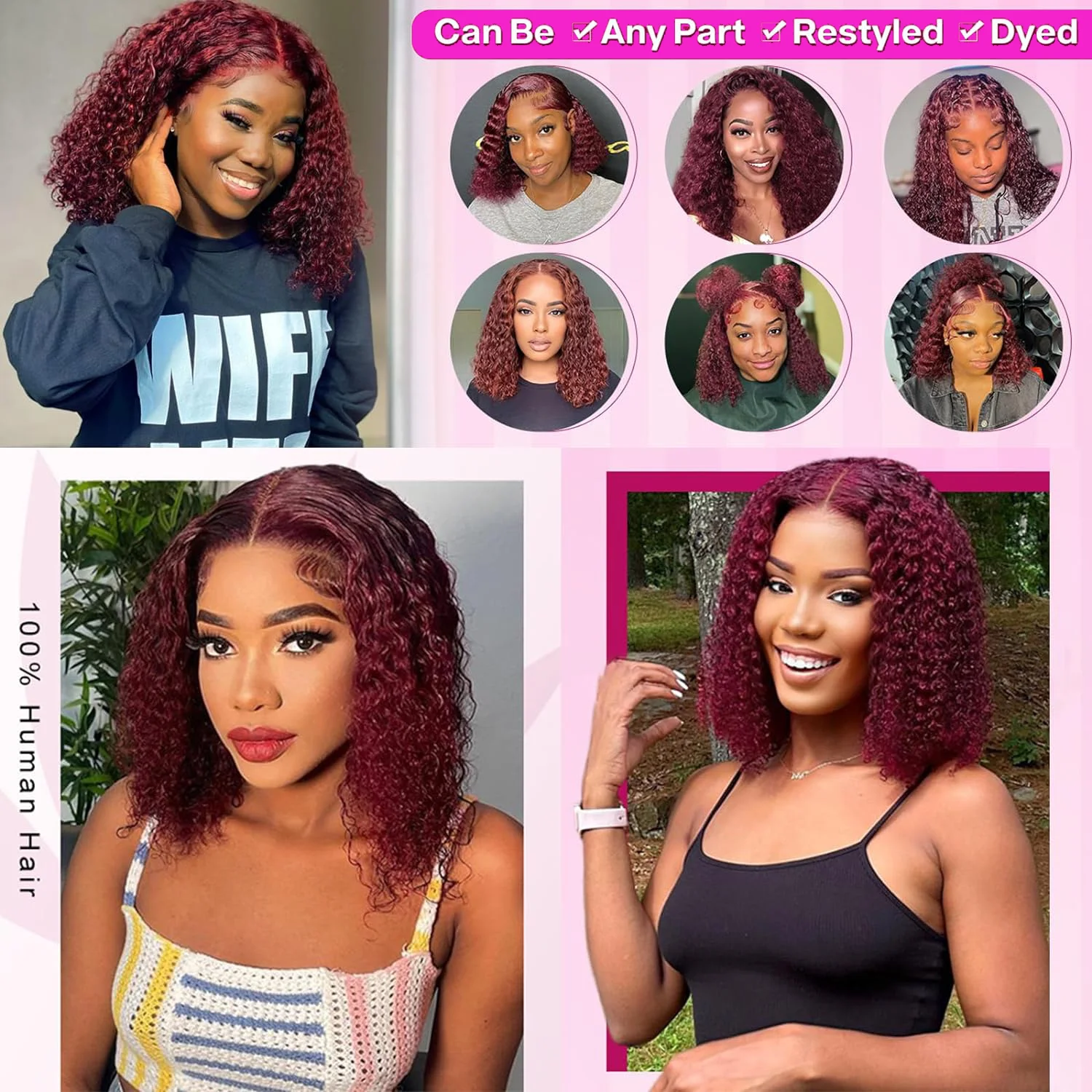 99J Burgundy Short Bob Wigs Human Hair Wig Deep Wave 13x4 Lace Frontal Wig Red Colored Curly Lace Front Human Hair Wigs Remy Bob