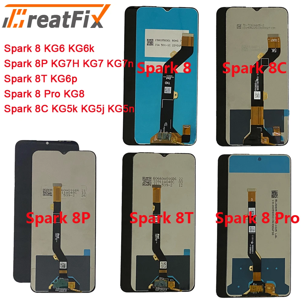 For Tecno Spark 8 KG6 LCD Display Touch Screen Digitizer Tecno Spark 8C KG5k LCD For Tecno KG7 Spark 8P 8T Spark 8 Pro KG8 LCD