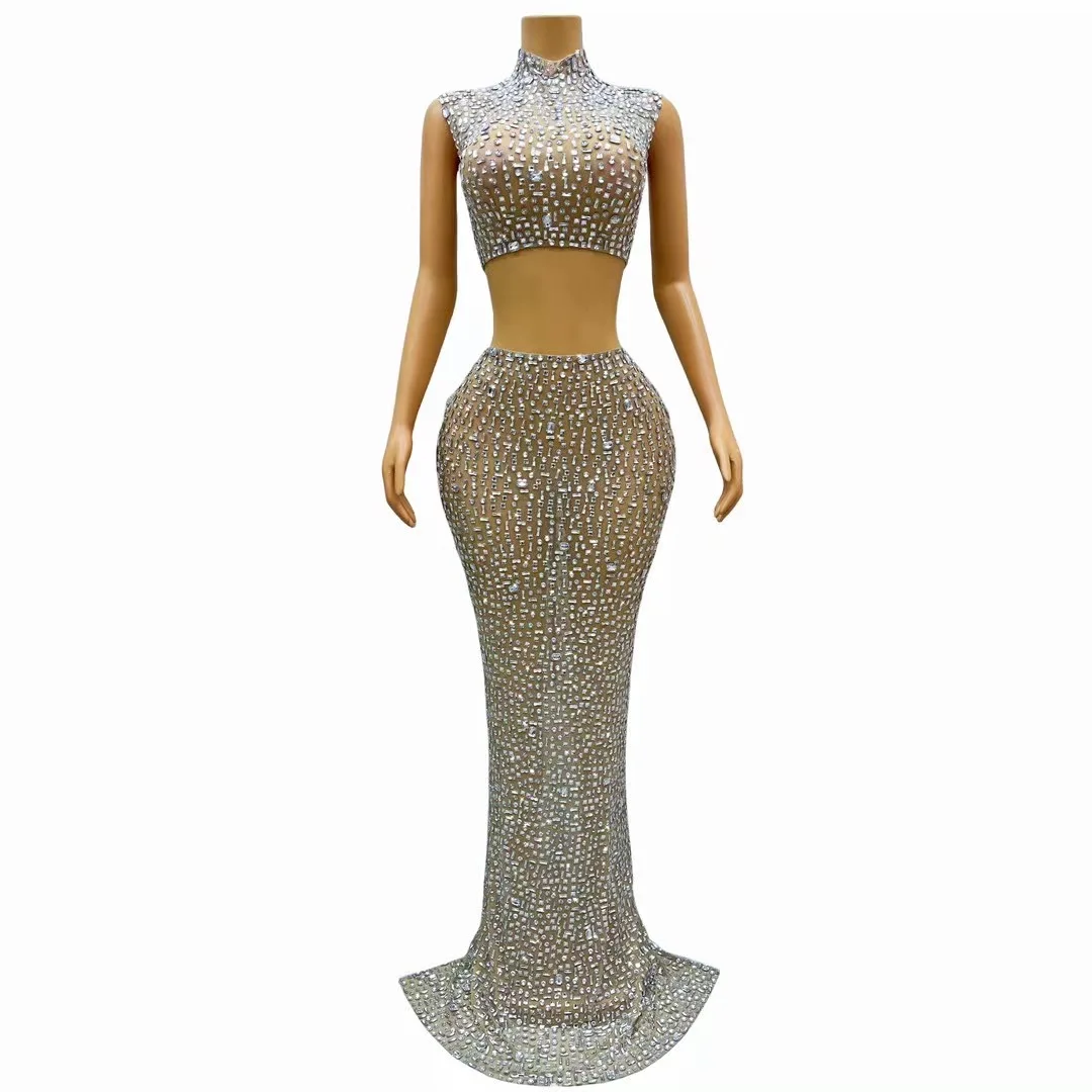 

Women Luxury Sliver Rhinestone Sexy Stretch Mesh Long Skirt Set Sparkling Stage Performance Costume Club Evening Party Dresses