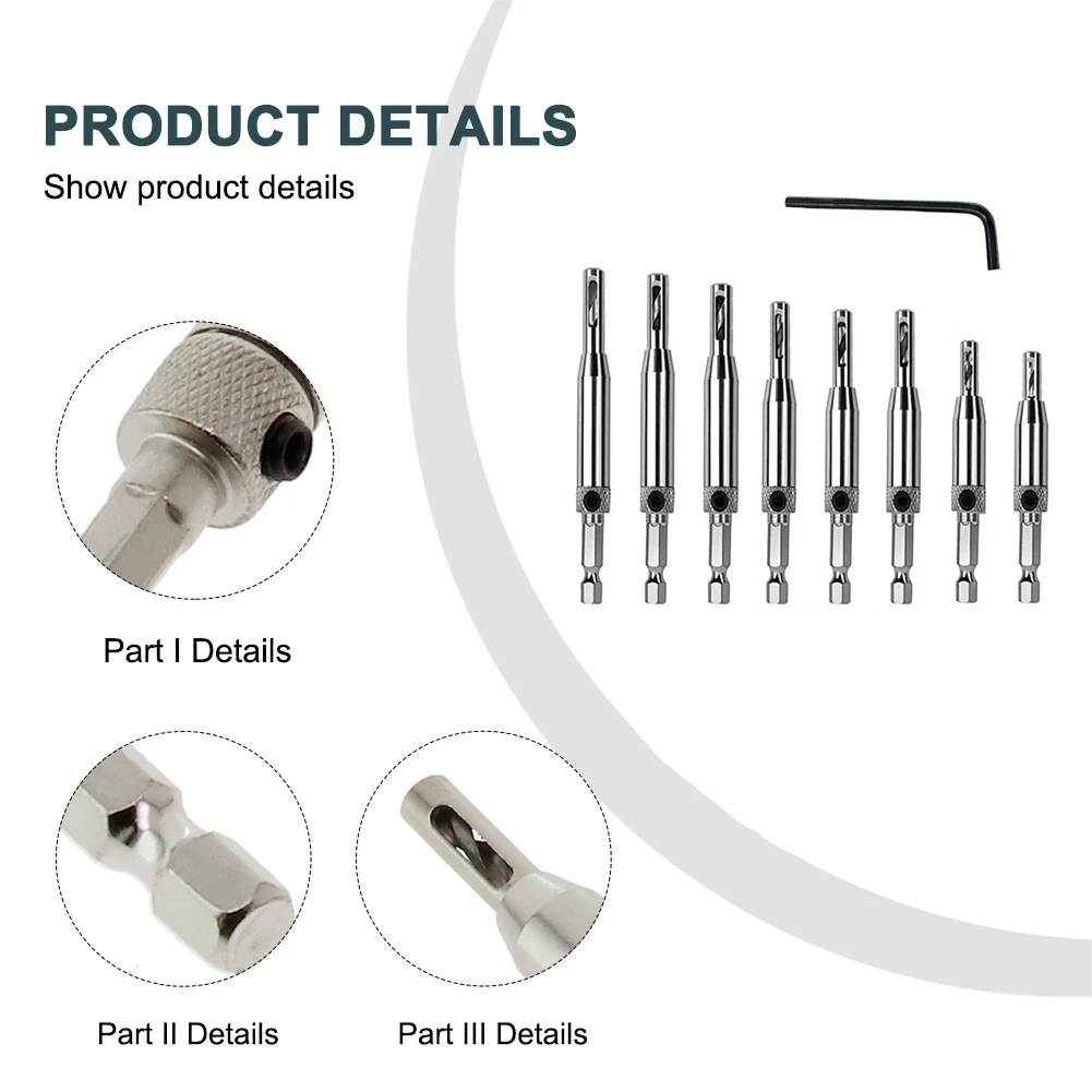 Zestaw 8 szt. wiertarskich HSS samocentrujących do zawiasów, do precyzyjnego wiercenia otworów prowadzących w drzwiach i szafkach, z rowkiem sześciokątnym i kluczem sześciokątnym.