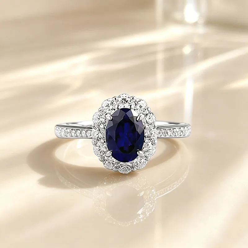 New 100% cultivated S925 silver 5 * 7mm oval royal blue ring with fashionable temperament and elegant wedding jewelry