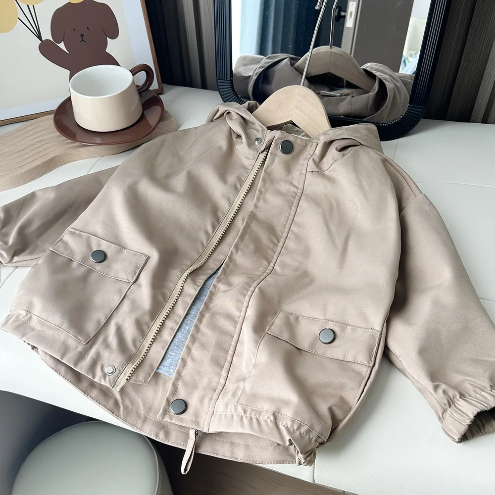 2024 Autumn Boys 3-10 Years Windbreak Long Sleeve Hooded Jacket Kids Casual Coat Outerwear