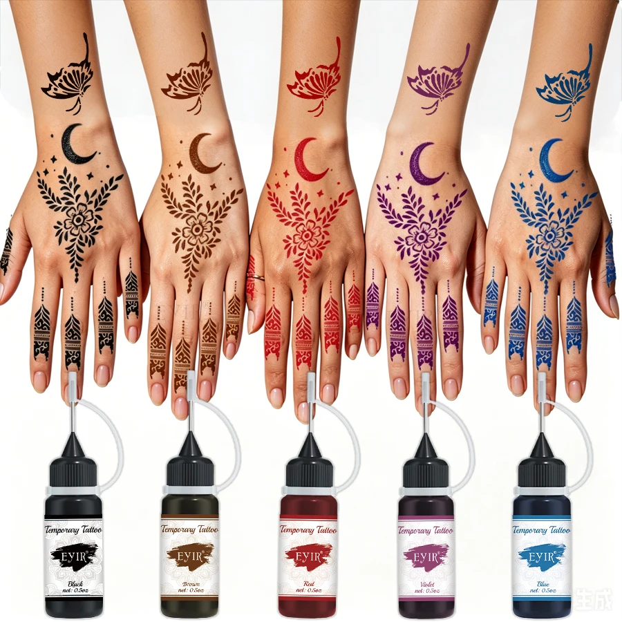 EYIR 5 Colors Henna Tattoo Paste Kit with Reusable Stencils Waterproof Temporary Mehndi Ink Hand Body Art Festival DIY Design