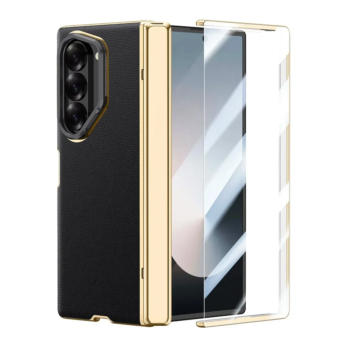 For Samsung Galaxy Z Fold 6 Case Ultra Thin Electroplated Leather Folding Hinge with Tempered Film Shockproof Cover Accessories