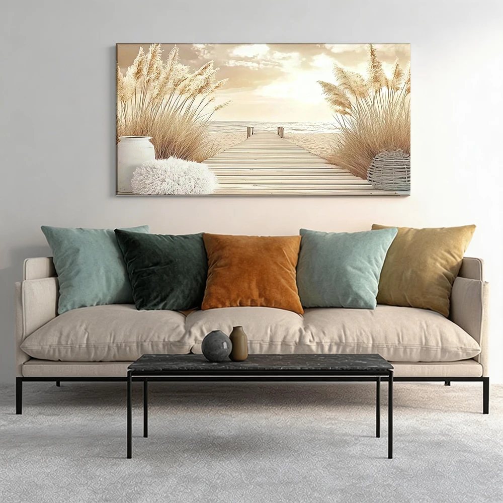 

Large-sized solid wood frame canvas painting 1pc Pathway to sea, tall reeds.