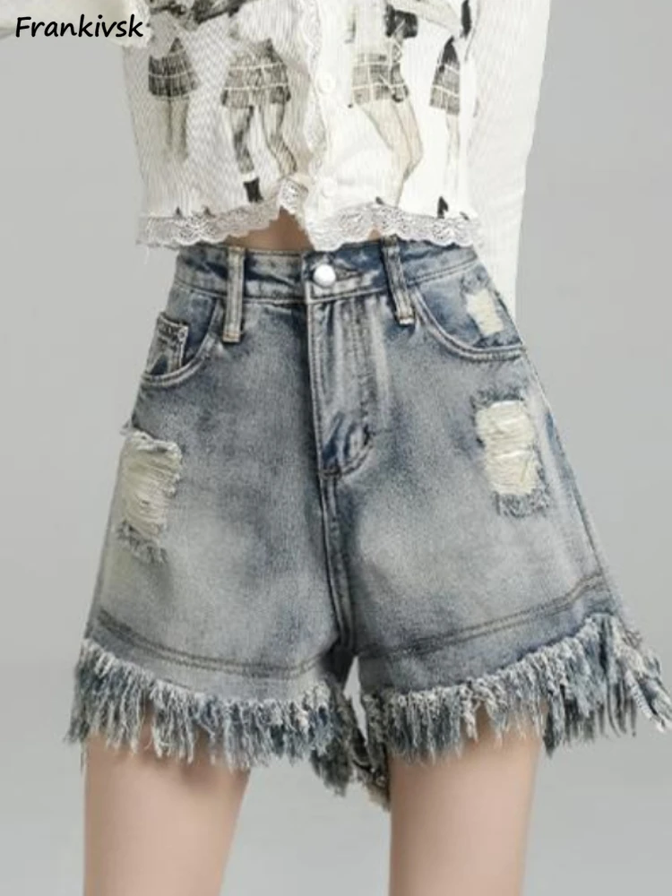 

A-line Shorts Women Frayed Tassel Vintage Asymmetrical Korean Style Hotsweet Harajuku High Street Y2K Youthful Vitality Summer