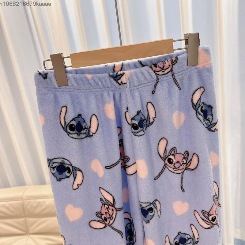 Stitch Cute Cartoon Print Coral Fleece Trousers Women New Casual Fashion Home Pants Autumn Winter Thick Warm Loose Pajama Pants