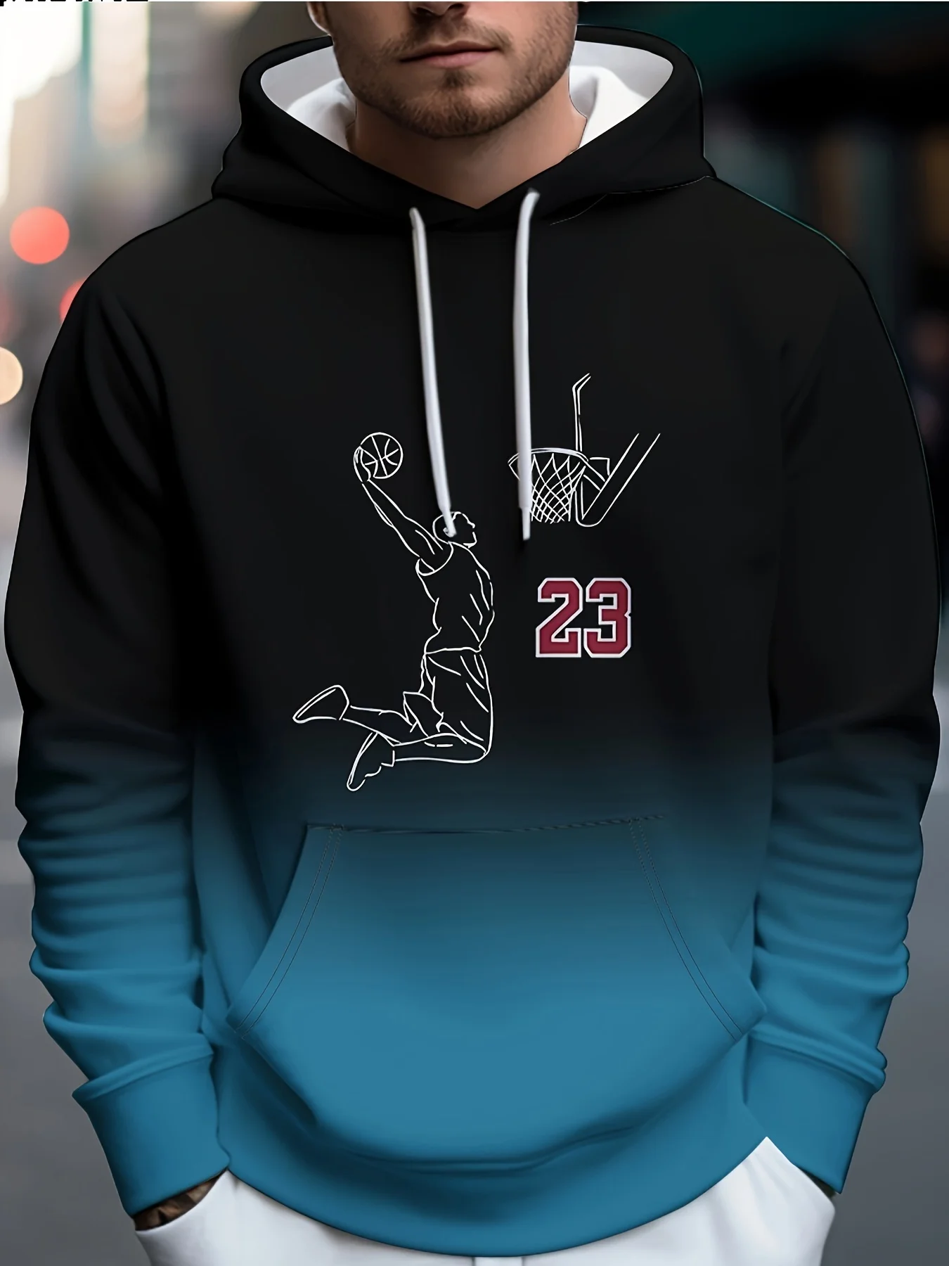 

Men's Basketball Player Print Gradient Color Hooded Sweatshirt, Casual Trendy Long Sleeve Sports Hoodie As Gift