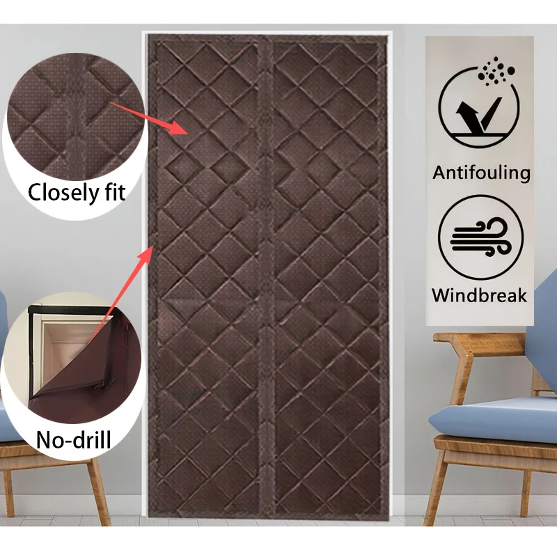 

Oxford Thermal Door Curtain No Drill Brown with Bracket Soundproof for Wood Aluminum Door Kitchen Bedroom Winter