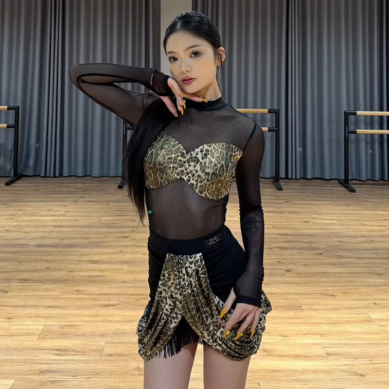

Leopard Latin Dance Suit Women Long Sleeve Black Dance Leopard Fringe Skirt Latin Performance Stage Wear Training Clothes 2421