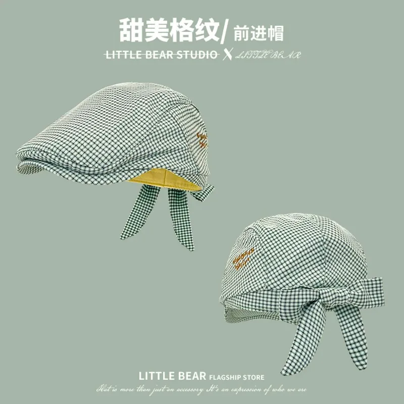 Ins Fresh Colorful Plaid Bow Strap Berets for Women Summer and Autumn Travel Sunscreen Versatile Sweet Literary Painter's Hats