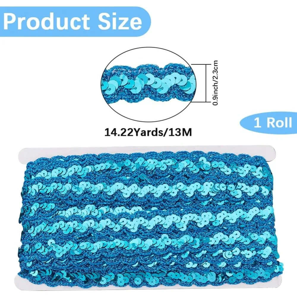 Sparkle Polyester Paillette Lace Ribbons Garment Accessories Blue 7/8 inch(23mm) 14.22 Yards(13m)/Roll