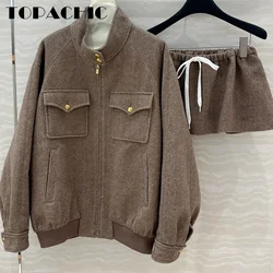 9.12 TOPACHIC-Women Vintage Herringbone Letter Embroidery Wool Set Stand Collar Zipper Jacket Or Drawstring Waist Short Skirt