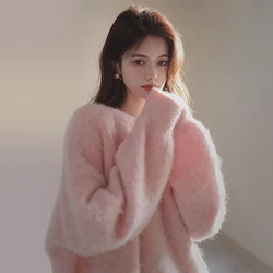 Pink Women O Neck Soft Mohair Knitting Loose Pullover Jumper New Lazy Oversize Autumn Winter Long Sleeve Thick Casual Sweaters