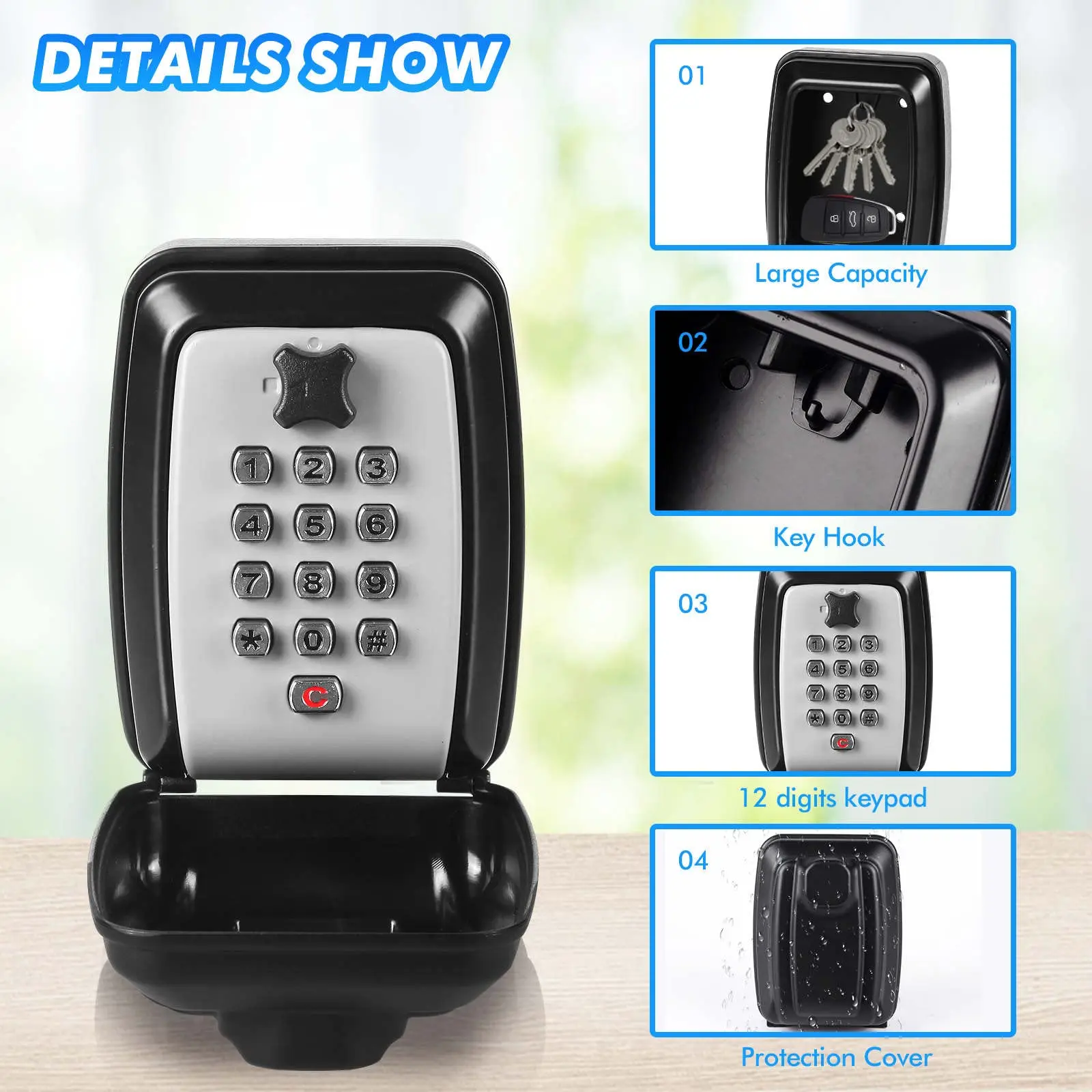 Imagem -02 - Wall-mounted Key Lock Box 12-digit Combination Lock Box Outdoor Spare Key Hider Impermeável Lockbox de Segurança Large Key Storage Box