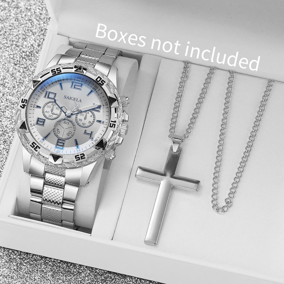 2 قطعة ساعات رجال الأعمال الفاخرة موضة الطلب الكبير الرجال سوار فولاذي ساعة كوارتز قلادة مجموعة Reloj Hombre (بدون صندوق)