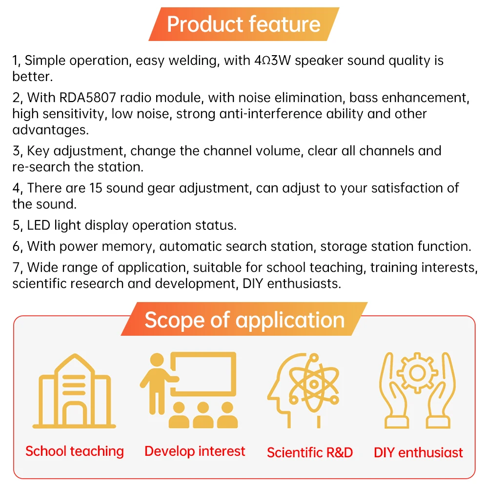 RDA5807 FM Radio DIY Kit Volume Adjustable 87~108MHZ FM Radio Module Welding Practice Accessories