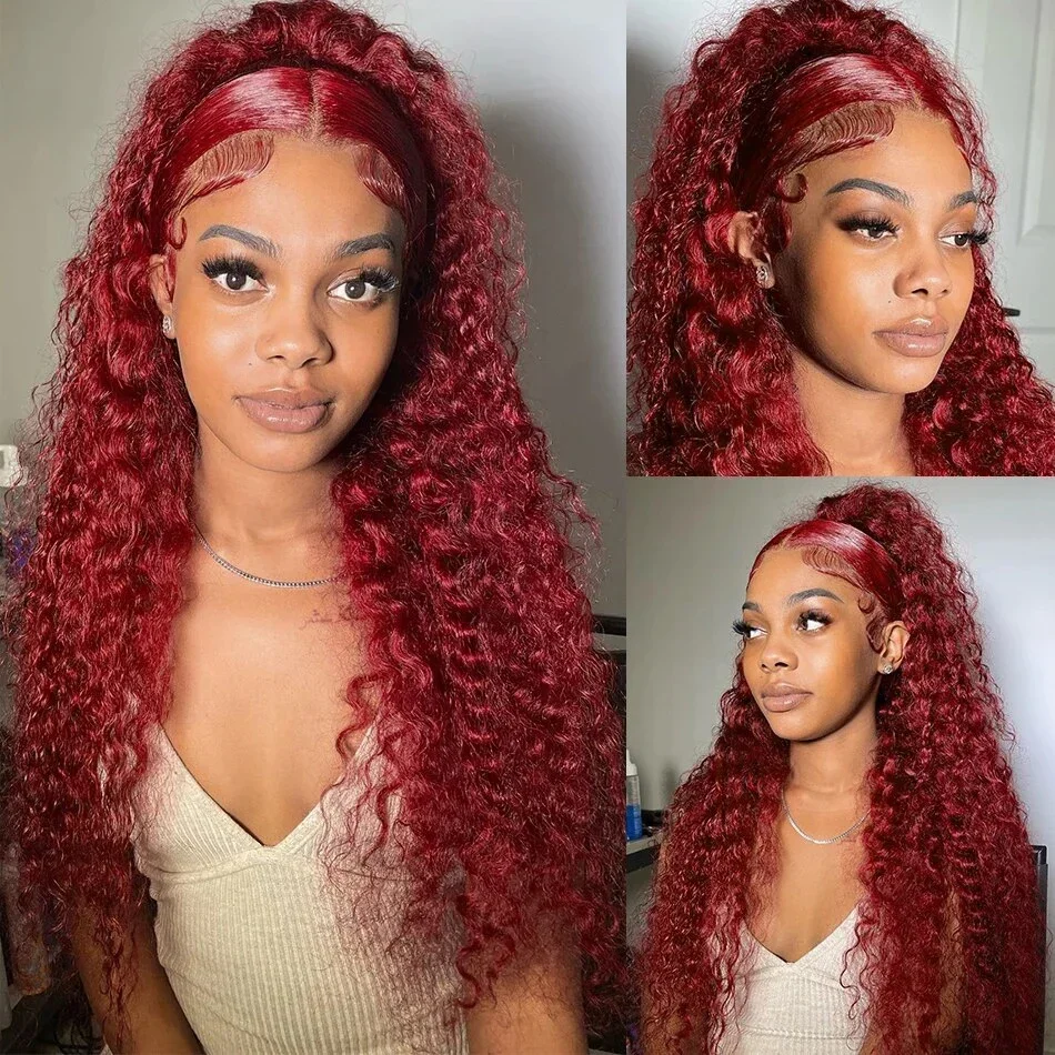 30 36 Inch 99J Burgundy Deep Wave 13x4 Lace Front Human Hair Wigs Red Colored Water Curly 13x6 HD Lace Frontal Wig For Women