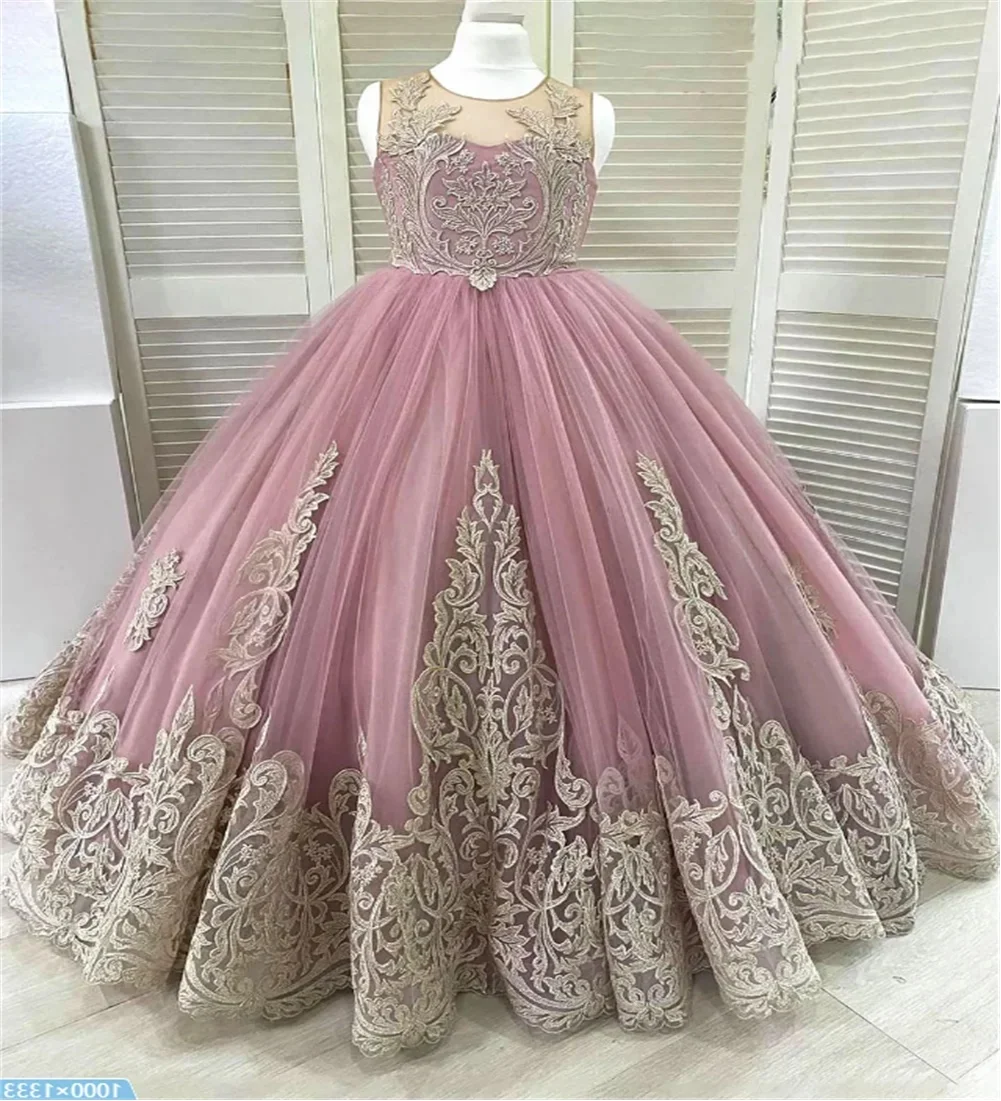 Dusty Pink Flower Girl Dress Golden Lace Kids Wedding Dress Puffy Sleeveless Floor Length Dress Birthday Dress for Princess