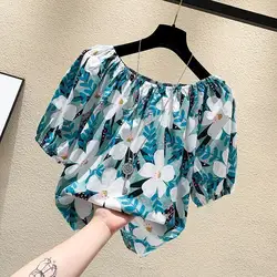 Women Clothing Floral Off Shoulder Loose Blouse Summer New Short Sleeve Printing All-match Elegant Shirt Tops Fashion Casual