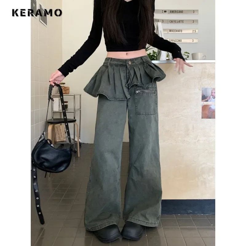 American Retro High Waist Sweet Street Skirt Jean Pockets Baggy Mop Pants Women's Emo Casual Y2K Washed Solid Denim Trouser