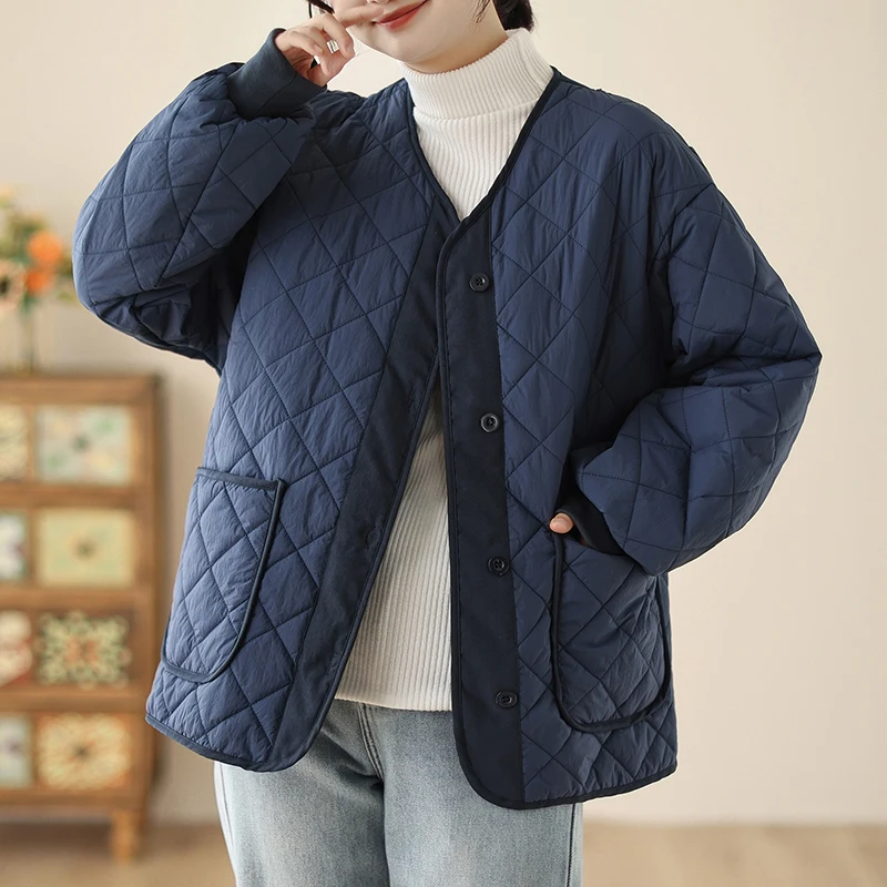 

Lightweight Cotton Jacket Women's Winter Fashion Diamond Pattern Loose Casual High-End Feeling Stylish Trendy V-neck Long Sleeve