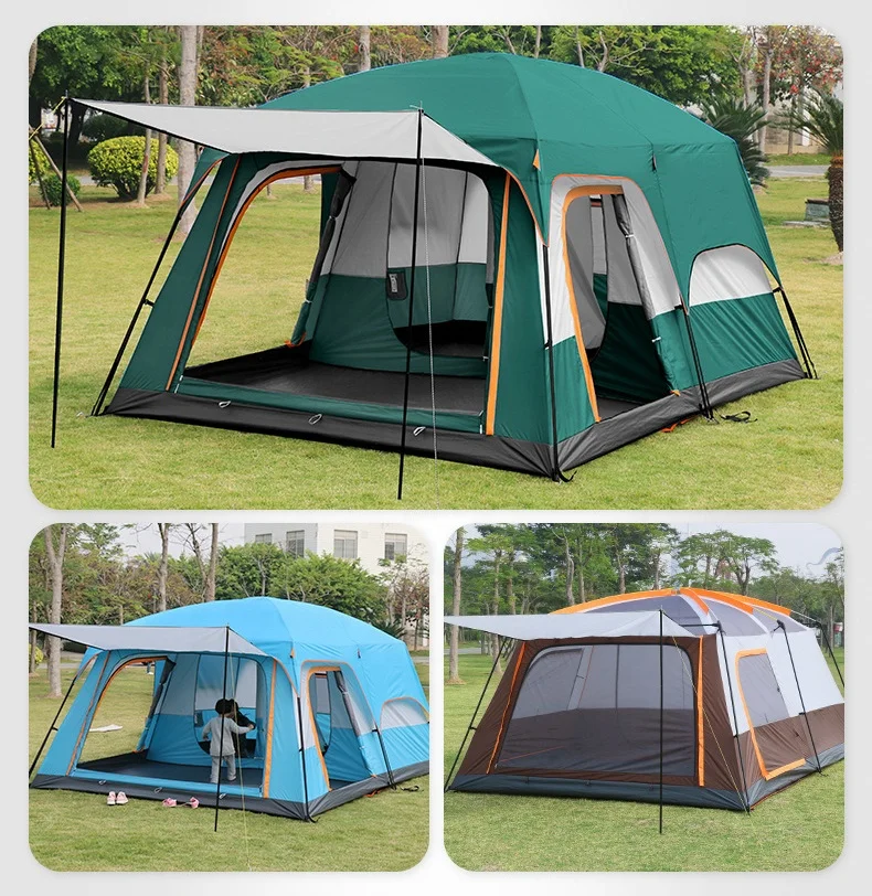 Outdoor Rainproof Glamping Cabin Tent 8-12 Person Large Space Family Camping Double Layers 2 Rooms 1 Living Room Camping Tent