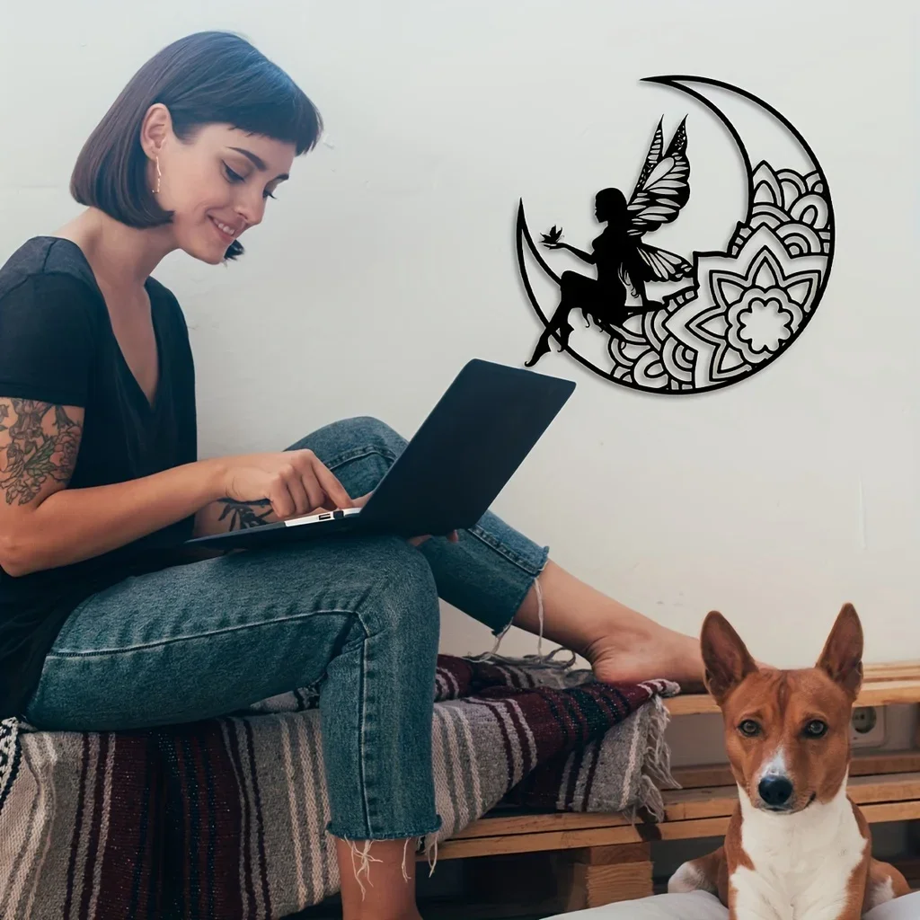 Sinais de metal e placa de fada da lua, Metal Wall Decoration Art, 3D Hollow Silhouette, Decoração para casa ao ar livre