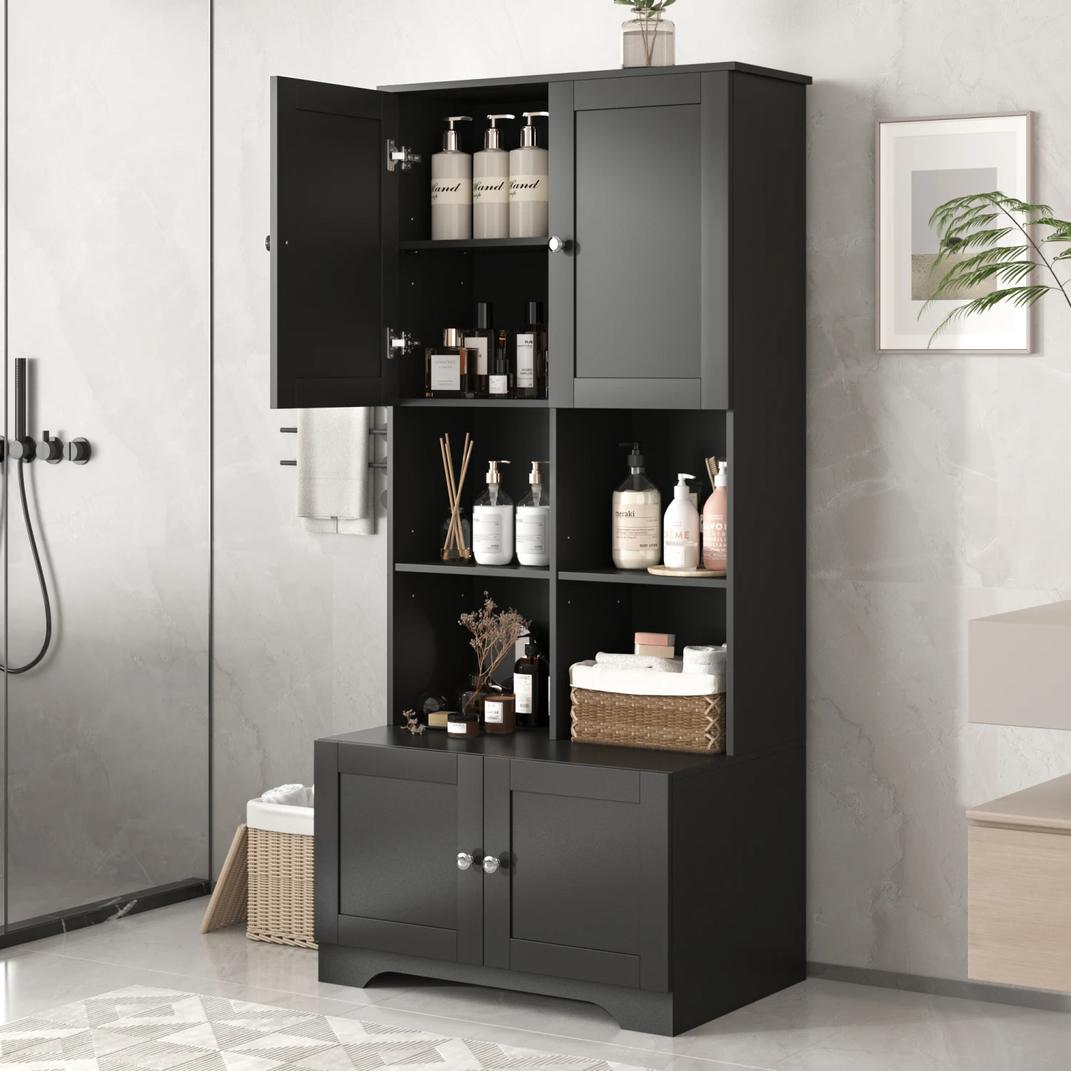 Tall Black Bathroom Floor Storage Cabinet with 4 Doors, Adjustable Shelves, Freestanding Unit