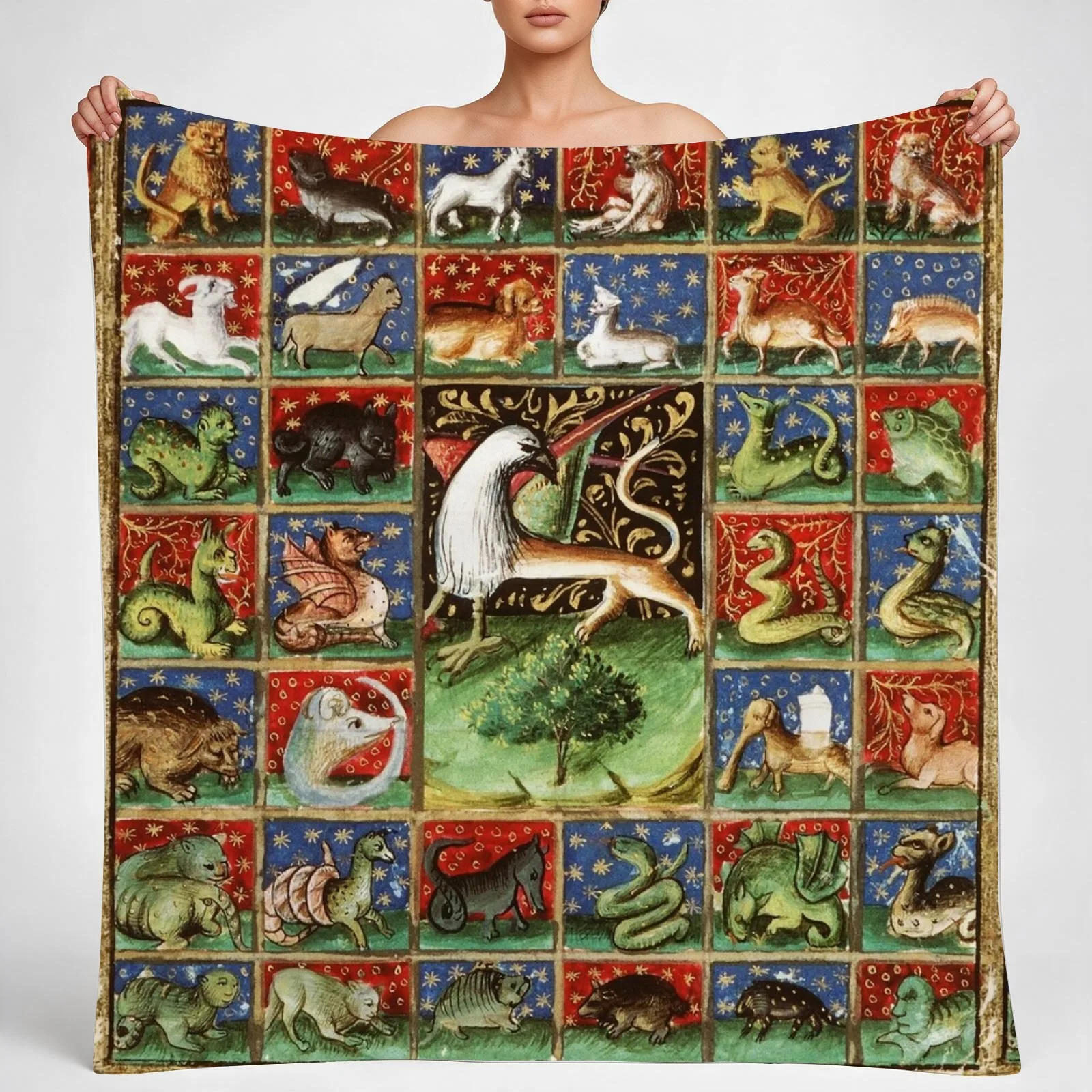 MEDIEVAL BESTIARY Fantastic Animals in Red Blue Green Gold Hues Throw Blanket couch cozy soft plush fuzzy picnic outdoor blanket