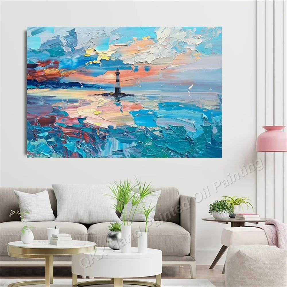 Impasto Handmade Oil Painting on Canvas - Colorful Lighthouse Sunset Seascape Wall Art Decor for Living Room Horizontal Composit