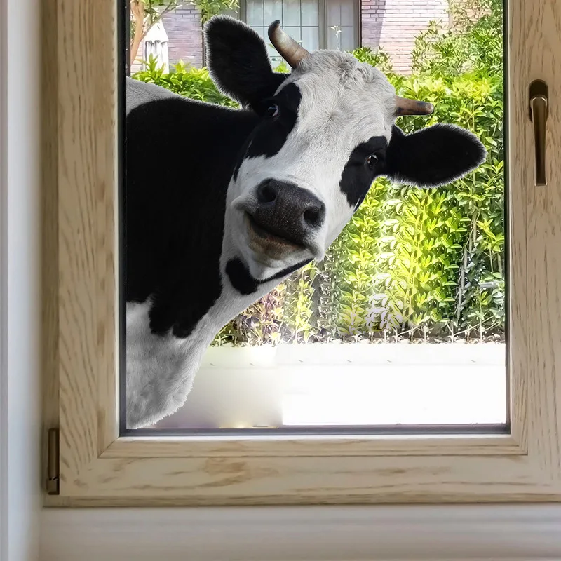 Lustiger spähender Kuh-Fenster-Wandaufkleber – Abnehmbarer 3D-Bauernhoftier-Vinyl-Aufkleber, wasserdichte Kuh-Dekoration, die aus dem Fenster spähend betrachtet wird