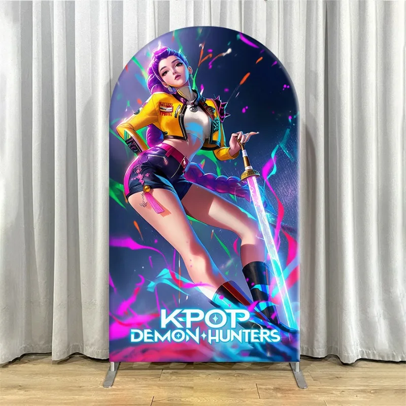 Non Elastic Kpop Demon Hunters Arch Backdrop Cover Single-layer Theme Birthday Party Backdrop Decoration for Adult Celebrations
