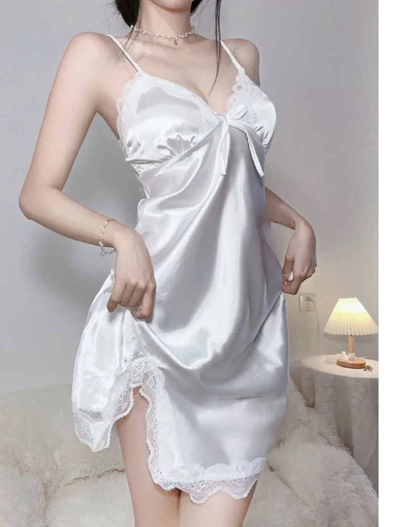 

New Lace Dress Women Thin Sexy Pajama Solid Fork Lace Camisole Backless Silk Summer Mature Charm Transparent Enthusiasm 5YN0