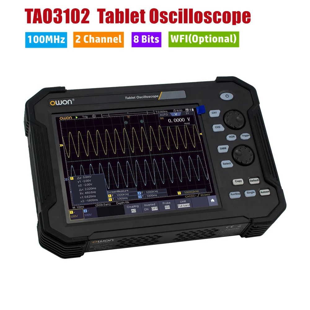 

OWON TAO3102 Digital Oscilloscope 8 Bits 2 Channels 100MHz Bandwidth 8'' LCD Portable Touchscreen Tablet USB Oscilloscope