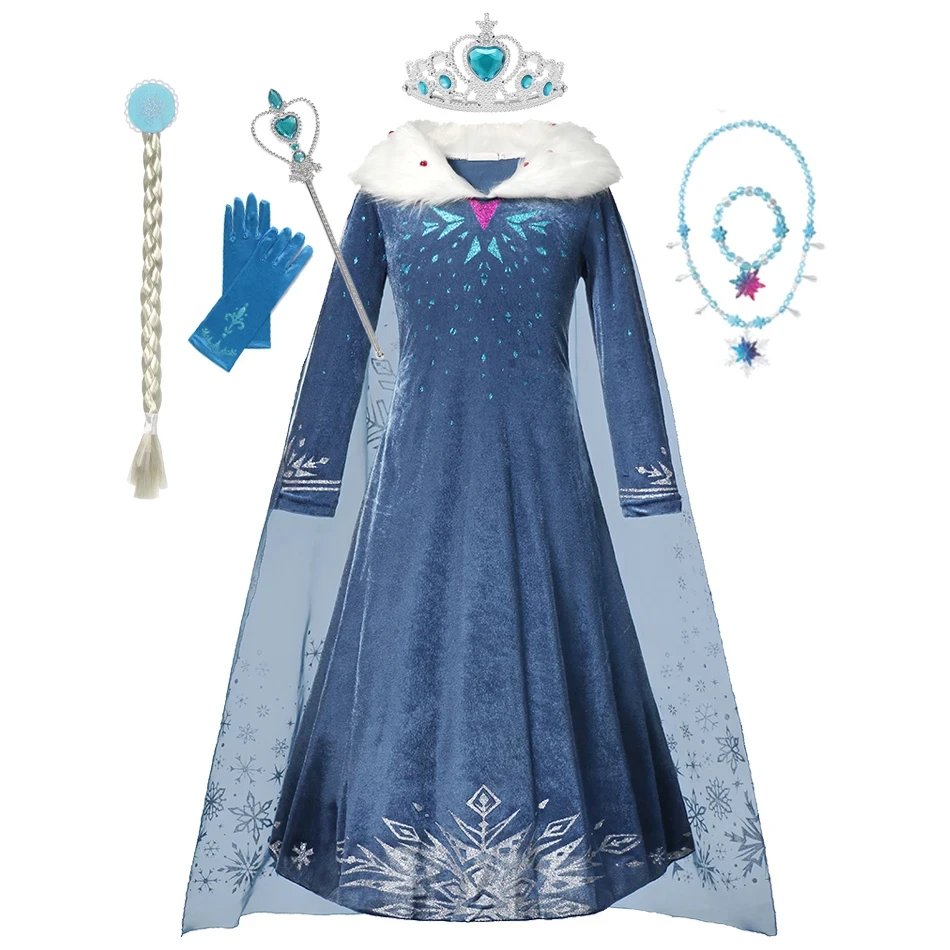 Disney Frozen Princess Elsa Cosplay Costume Dress Girl Birthday Carnival Party Snow Queen Long Sleeve Winter Clothes Kids Outfit