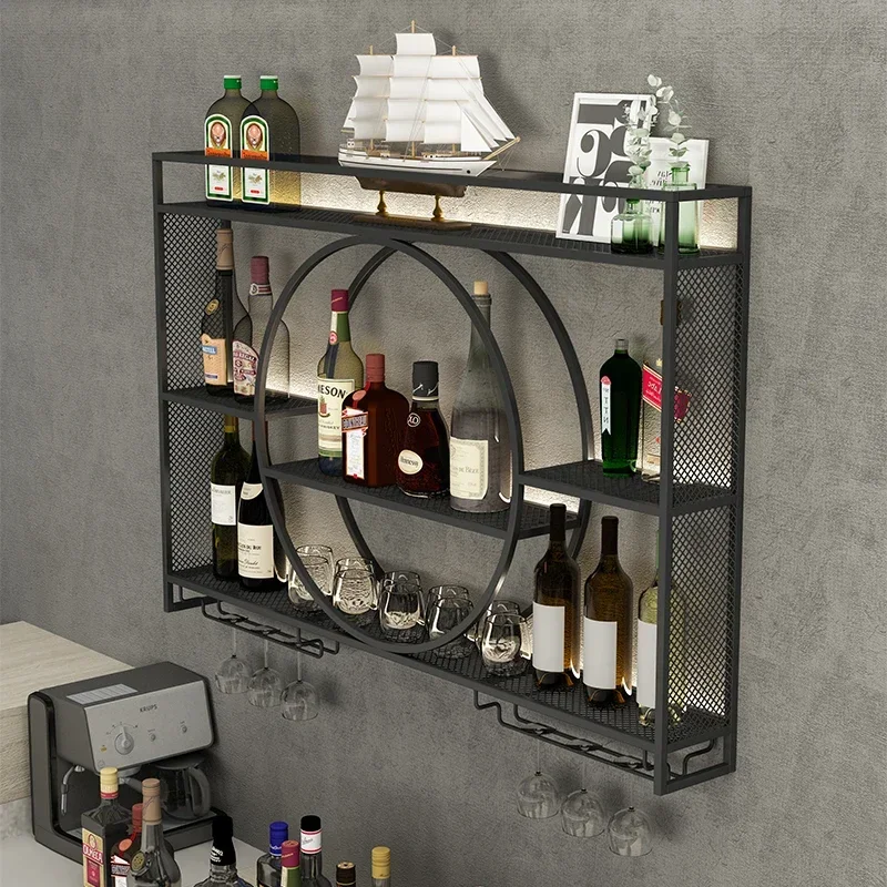 Hotel bar wall metal large bottle wine storage rack with goblet glass holder