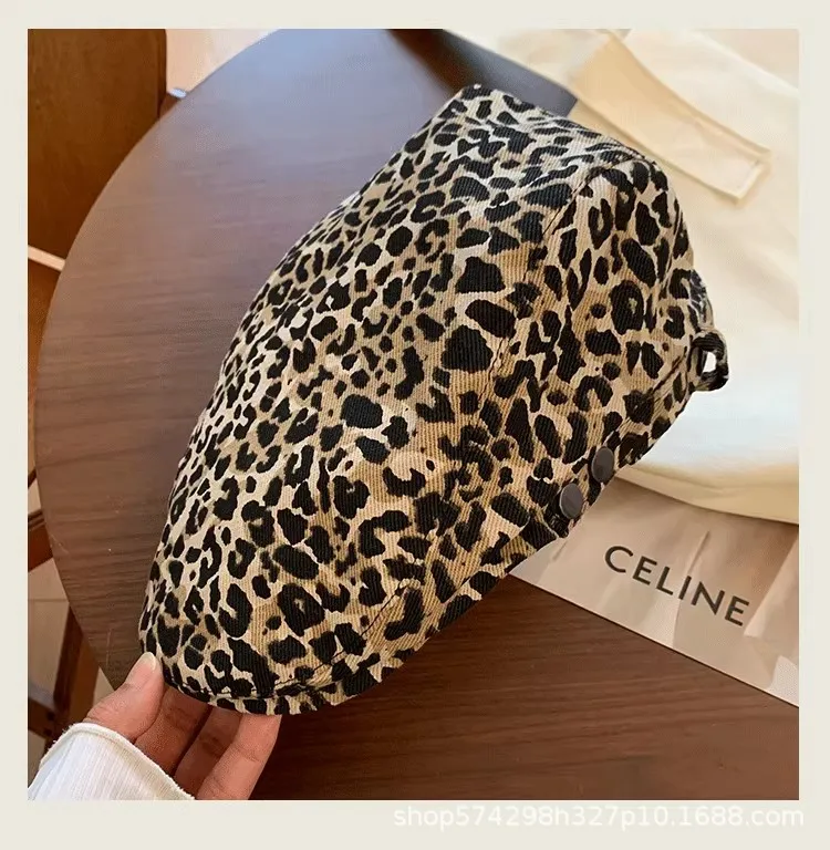 

Hot Vintage Leopard Print Forward Hat Lady Boina Show Face Little Spice Duck Tongue Beret Cool Subculture Cap M549