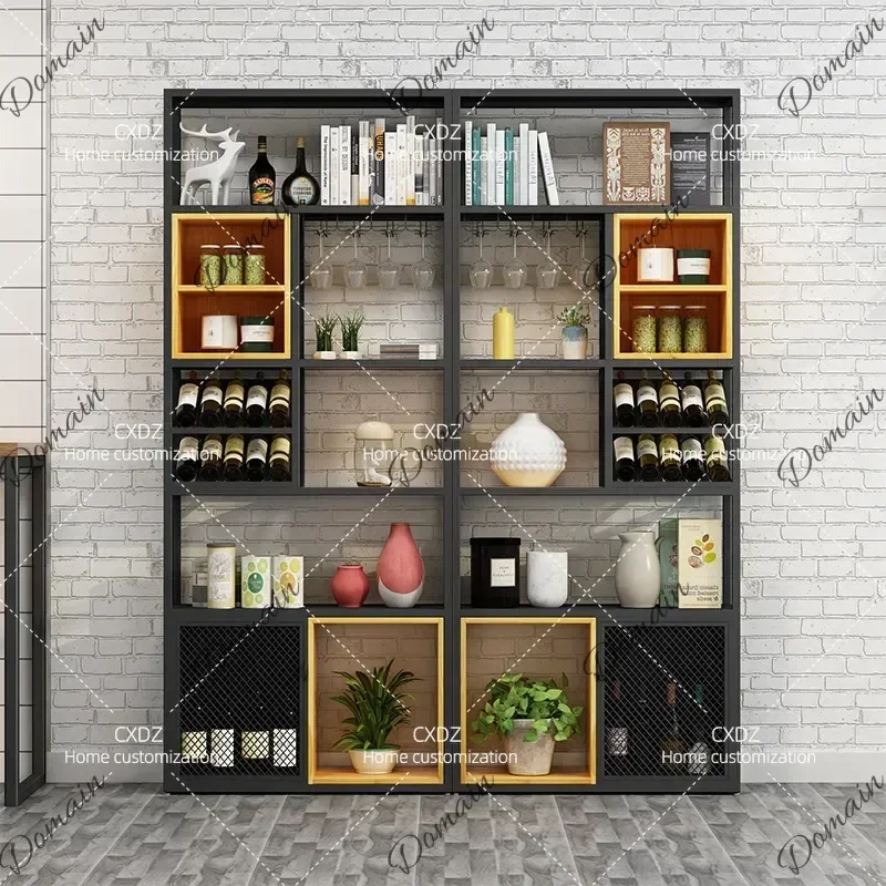 RPS Wrought Iron Red Wine Display Shelf Solid Wood Floor Partition Rack Modern Simple Lacquered Wine Storage Stand for Home H