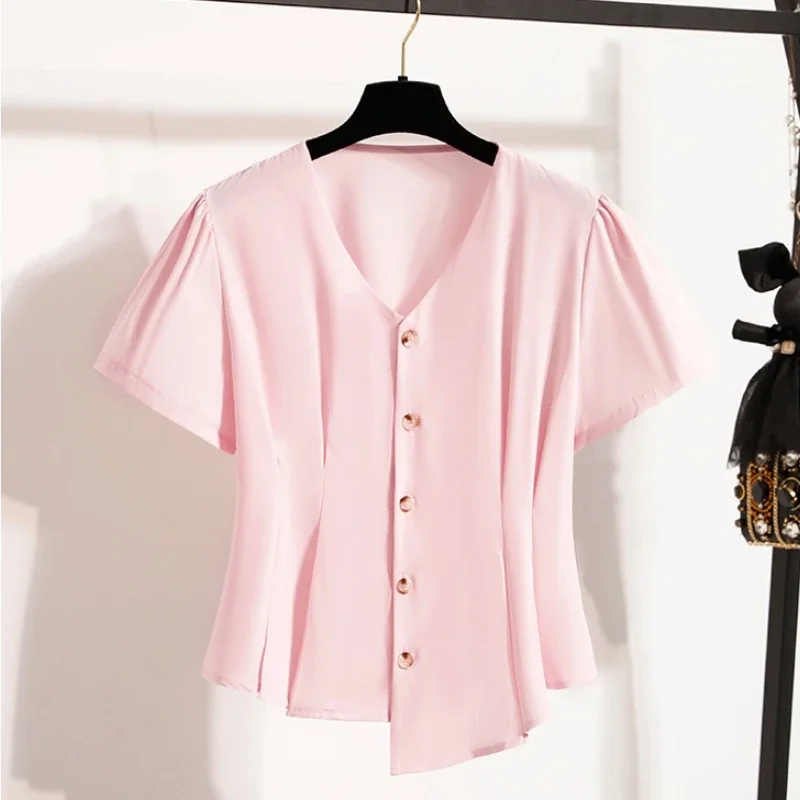 Koreaanse stijl zomer 2026 nieuwe effenkleurige top elegante V-hals dames plus size shirt Franse stijl onregelmatige korte mouw blouses
