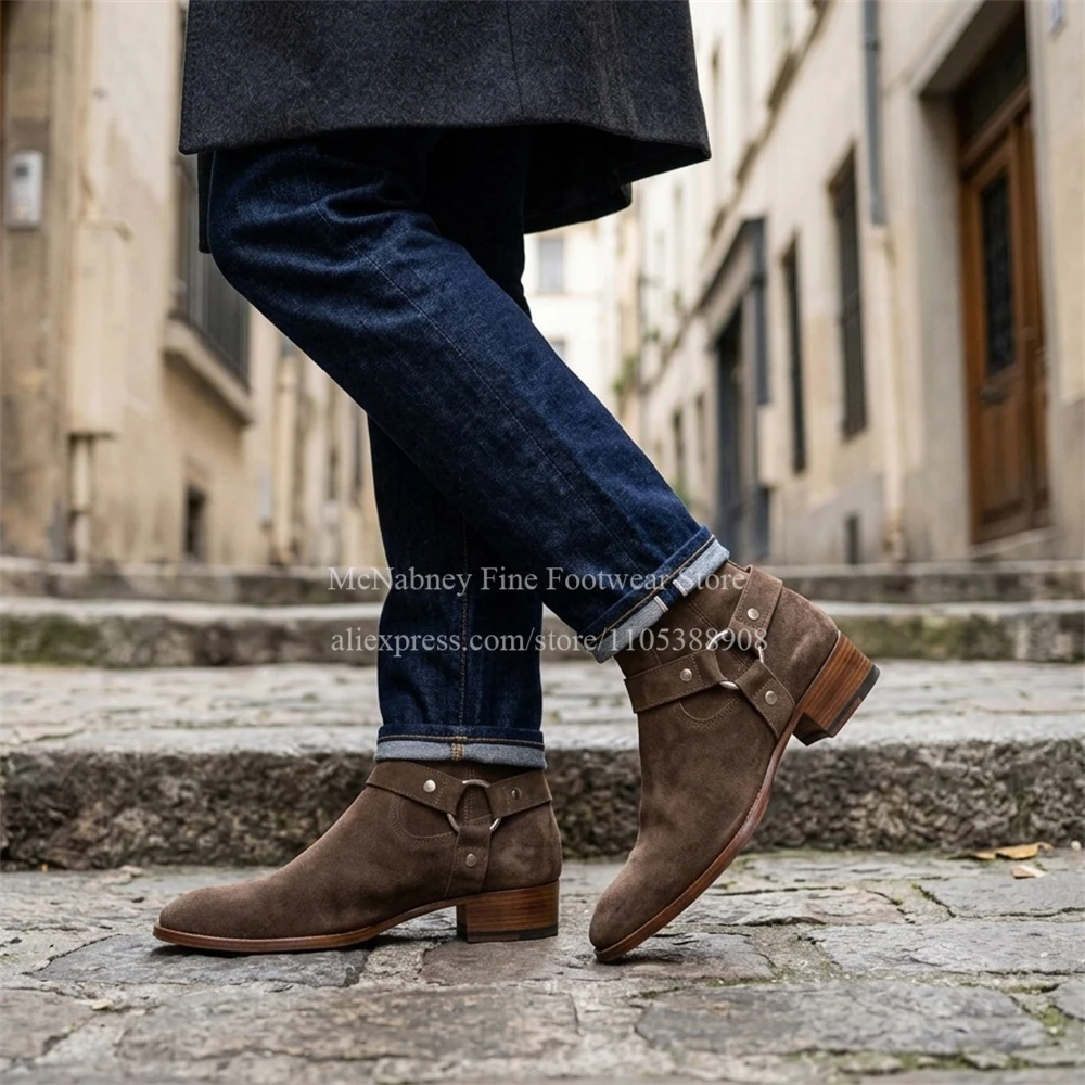 Suede Ring Harness Pointed Toe Men Chelsea Ankle Boots Chunky Heel Side Zipper O Ring Strap Boots Vintage Fashion Daily Autumn