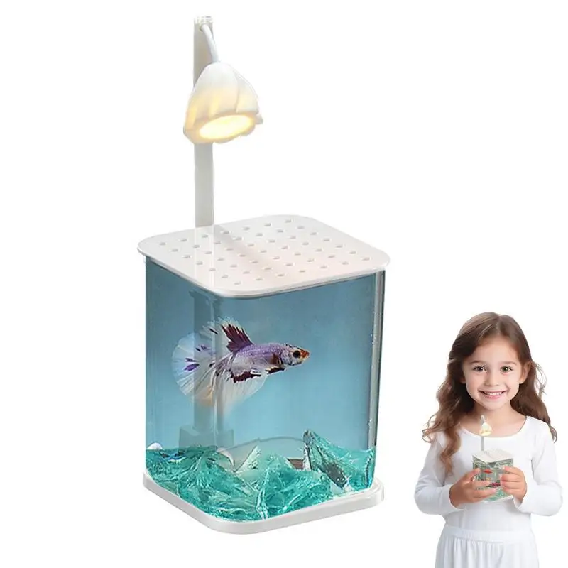 Landscaped Glass Fish Tank Aquarium Tank With Night Light And Green Crystal Fighting Fish Desktop Fishbowl For Fish and Shrimp