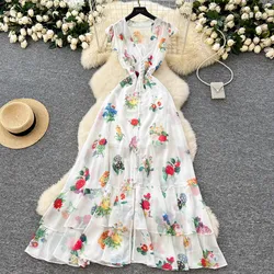 Summer Holiday Gorgeous Floral Dress Women's Sleeveless Ruffles V Neck Flower Print Buttons Chiffon Bohemain Robe Vestidos