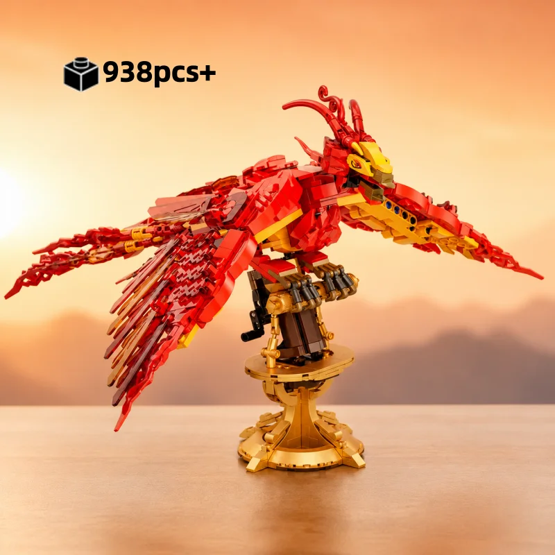 2026 MOC Fire Phoenix Building Block Kit 938PCS STEM Creative Bird Model DIY Desktop Display Construction Toy for Kids