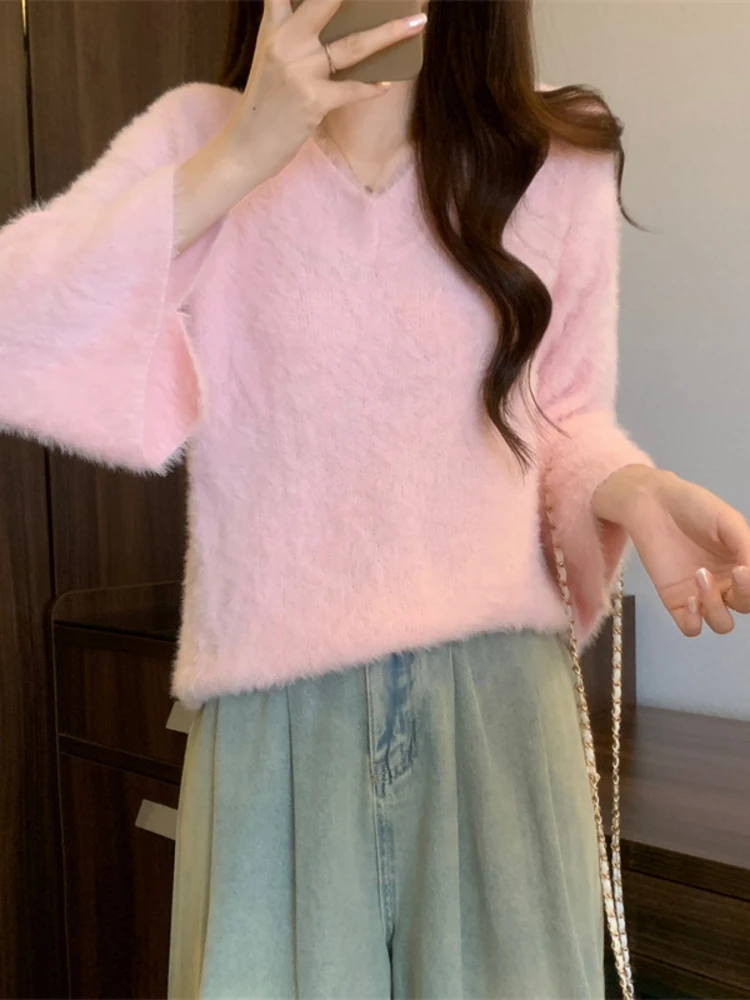 

2025 Winter New Sle Soft Plu Knitted Sweater V-Ne Sve Long Warm Cozy Mink Velvet Loose Fit Daily Wear Inner Match