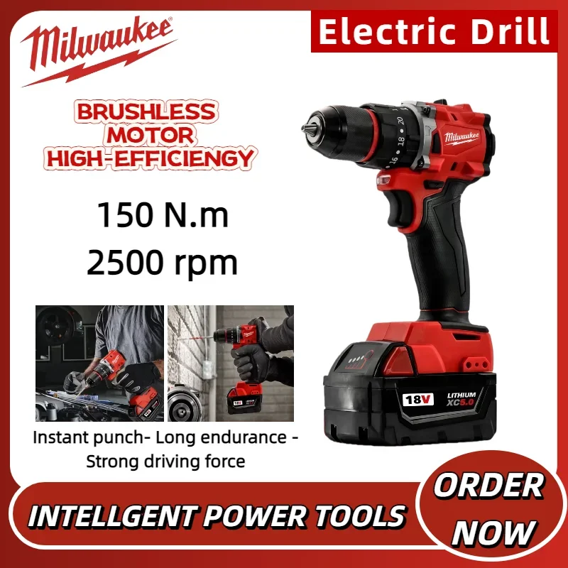 

Milwaukee Brushless Impact Drill 150N.m Cordless Electric Drill 20+3 Torque Small Drill Hammer Multifunctional Power Tools